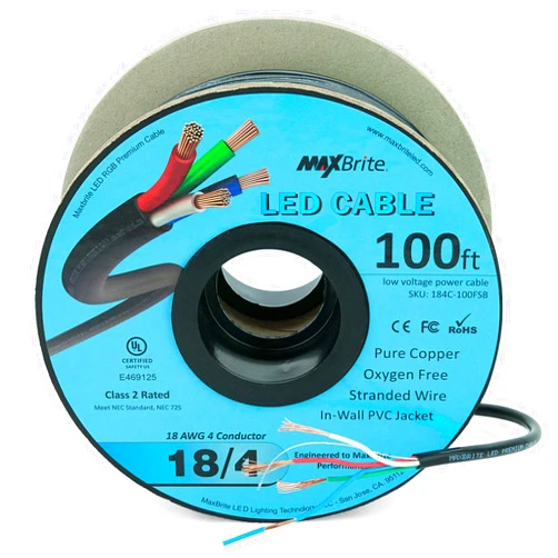 MaxBrite 100 ft. 18AWG Low Voltage LED Cable 4 Conductor Black Sleeve In-Wall RGB Wire UL Class 2 Certified