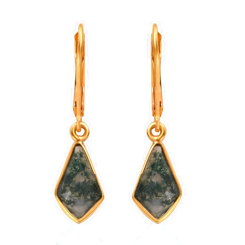 PHNX Kite Shape Moss Agate Earrings - 18K Gold Plated Jewelry for Women, Natural Gemstone Earrings, Sterling Silver Base