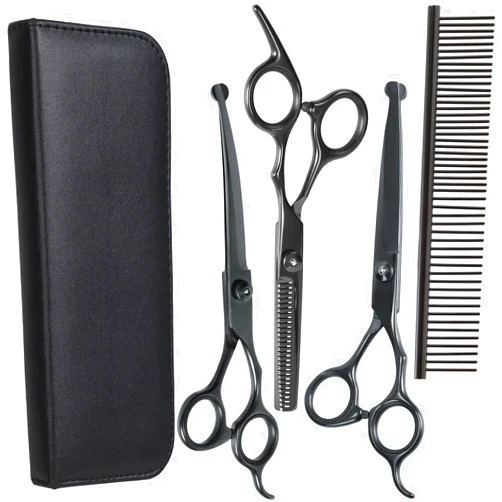 Maxshop Dog Grooming Scissors, Maxshop Heavy Duty Titanium Pet Grooming Trimmer Kit, Professional Thinning Shears, Curved Scissors with Comb for Dogs and Cats (Black Set of 4)