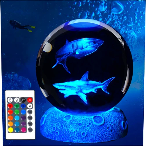 POSSHE Shark Night Light, 3D Crystal Ball Shark Lamp, Shark Gifts with 16 Color Remote Upgraded 3.15 Inch Ball for Room Decor Boys Girls Birthday Xmas Cool Figurines Gifts
