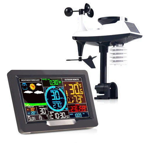 KALEVOL Professional Weather Stations Indoor Outdoor Thermometer Wireless Color Display Atomic Clock with Rain Gauge, Wireless Thermometer Weather Station with Outdoor Sensor, Wind Speed and Direction