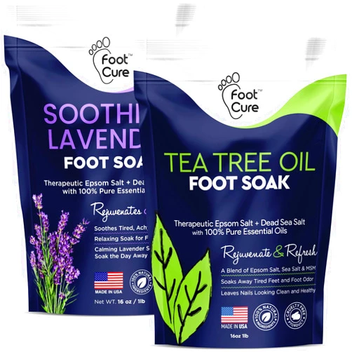 FOOT CURE Tea Tree Oil & Soothing Lavender Foot Soak with Epsom Salt - Best Toenail Treatment & Softens Calluses - Soothes Sore & Tired Feet, Foot Odor Scent, Spa Pedicure - Made in USA - 16oz (Pack of 2)