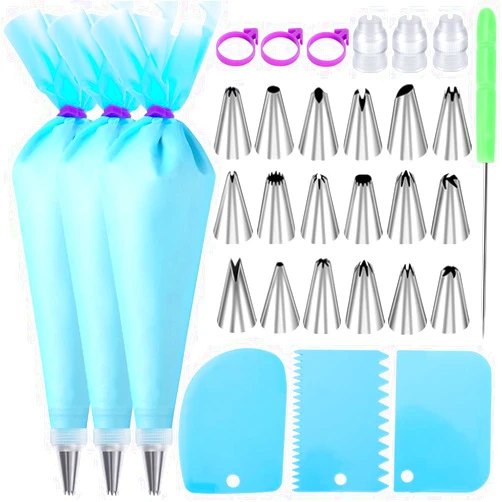 Wddeevoi Piping Bags and Tips Set, Cakes Decorating Kit Supplies with 3 Reusable Pastry Bags, 18 Frosting Tips, 3 Couplers, 3 Bag Ties, 3 Cake Scraper, 1 Cake Decorating Tools for Cookie Icing