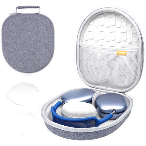 FIWWAT Smart Case for AirPods Max with Sleep Mode, Travel-Ready Hard Headphone Protective Carrying Case with Accessories Mesh Pocket & Clear Earpad Covers -Grey