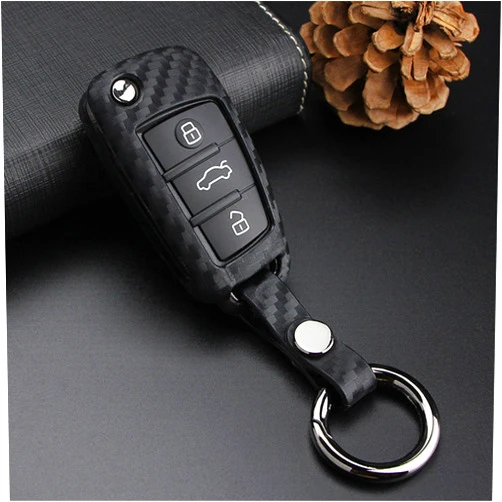 M.JVisun Soft Silicone Rubber Carbon Fiber Texture Case for Audi Flip Car Remote Key Fob Cover for Audi A1 A3 A4 A6 A8 Quattro Q2 Q3 Q7 R8 RS3 RS6 S3 S6 TT TTS Remote Key - Black - Round Keychain