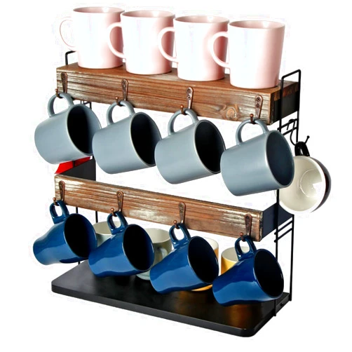 J JACKCUBE DESIGN Rustic Wooden Coffee Mug Holder – Multi-Tier Coffee Cup Holder and Mug Rack with Storage Space – Perfect for Kitchen and Countertop Organization - MK651A