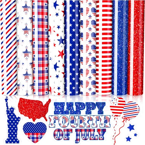 Whaline 9 Sheet Patriotic Heat Transfer Vinyl 4th of July Glitter Iron on Vinyl American Star Pattern HTV Adhesive Craft Vinyl for Independence Day Clothing Costume DIY Fabric Craft, 9.6 x 11.8 Inch