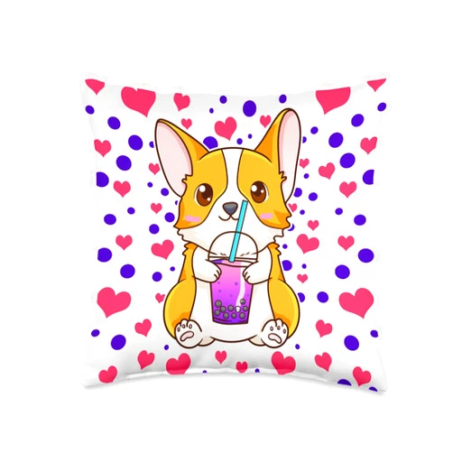 Bubble Tea Apparel & Boba Tea Gifts by NLTS Boba Bubble Tea Cute Kawaii Corgi White Throw Pillow, 16x16, Multicolor