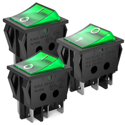 DIYhz 3Pcs AC16A/125V 16A/250V 6Pins 2 Position On/Off Green LED Light Illuminated Boat Rocker Switch (Green)
