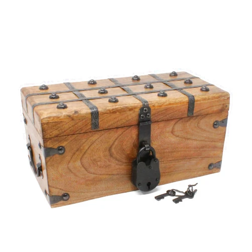 Nautical Cove Wooden Treasure Chest Flat Top Lid with Padded Velvet Liner and Antique Iron Lock with Skeleton Keys - Decorative Wood Storage Box (Medium 12 x 6 x 5.5)