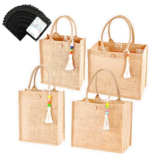 Jazpyne 4 Pack Burlap Tote Bags Jute Bags With Inner Pocket 2 Styles In 1 Purchase Reusable Bag For Shopping Travel Gift Bridesmaid DIY Adding 20 Pcs Small Holographic Mylar Bags For Kitchen Or Pets