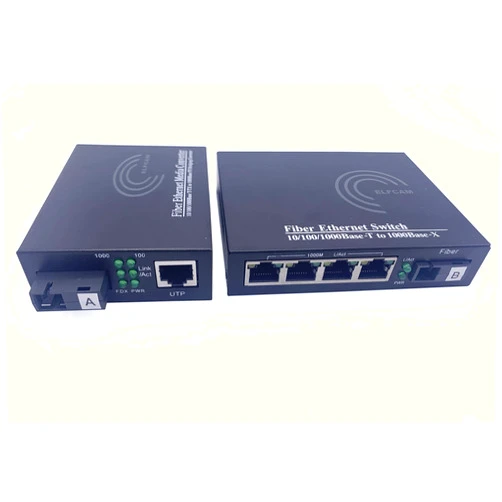 Elfcam® - Set of 2 Fiber Ethernet Converters, SFP Media Converter (Mini-GBIC) Included, Up to 20KM Distance on Single Mode SC Fiber Optics (1 RJ45 Ports *4 RJ45 Ports)
