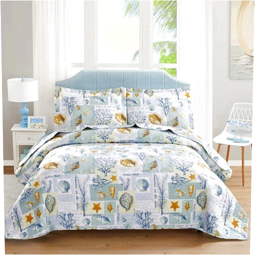 Ycosy Coastal Quilt Set Full/Queen Size Ocean Themed Bedding Summer Beach Quilts Set Lightweight Reversible Bedspread Coverlets Seashell Starfish Seaweed Bed Spread Soft Home Bed Cover with 2 Pillow Shams