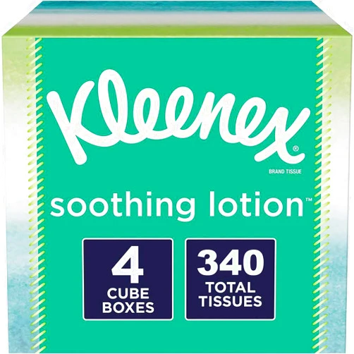 Kleenex Soothing Lotion Tissues with Aloe, Coconut Oil and Vitamin E, 4 cube boxes, 1 Cube Box containe 85 Tissues. Total of 340 Tissues. Assortment Colors.