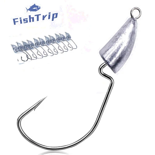 FishTrip Bullet Jig Head Weighted Hooks,10pcs Texas Rigs EWG Hooks for Bass Fishing Saltwater 1/16 1/8 1/4 1/2 oz