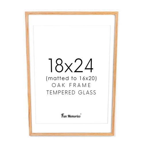 Fun Memories 18x24 Picture Frame, Solid Oak Wood 18 x 24 Frame for Wall, 18x24 Oak Poster Frame with Real Glass, 18x24 Matted frame for 16x20, 18