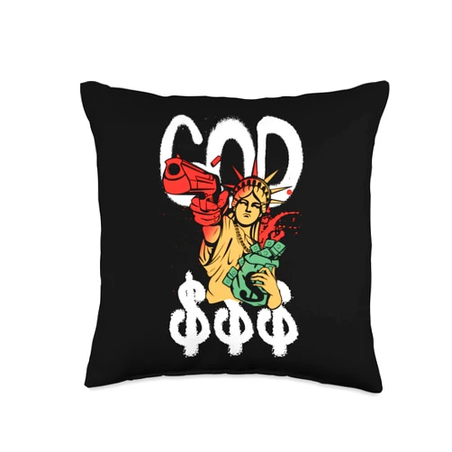 Statue Liberty Graffiti Street Art Gun Money Gift Statue of Liberty | Graffiti Street Art | Money Gun Throw Pillow, 16x16, Multicolor