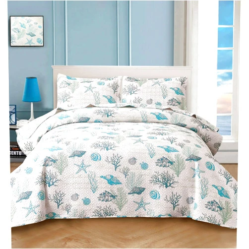 CHESITY 3-Piece Ocean Quilts Set Twin Size Beach Bedspread Lightweight Coastal Bedding Reversible Bedding Cover Nautical Coverlet Set Seaweed Coral Beach Conch Sheet(68