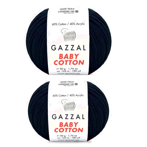 GazzalYarn Gazzal Baby Cotton Yarn,60% Cotton 40% Acrylic 2 Ball (Skein) Each 1.76 Oz (50g) / 150 Yrds (165m) Soft, 2 - Fine Baby Yarn (3433 Black)