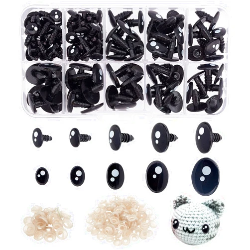 PH PandaHall 200pcs Kawaii Safety Eyes, 5 Sizes Craft Eyes Black Stuffed Animal Eyes Kawaii Eyes with Washers Oval Resin Felt Eyes for Amigurumi Puppet Teddy Bear Crochet Plush Animal Making