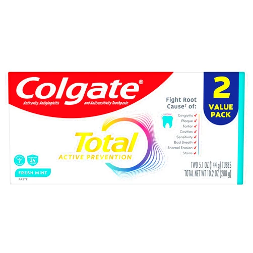 Colgate Total Active Prevention Fresh Mint Toothpaste, Anticavity Toothpaste with Fluoride, Clinically Proven to Help Fight Plaque Bacteria, Helps Minimize Bad Breath, 2 Pack, 5.1 oz