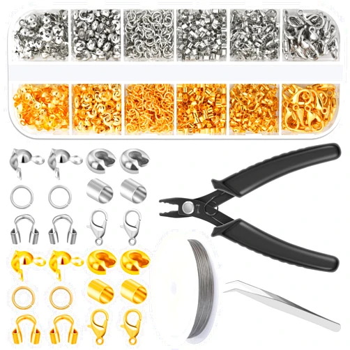 Acejoz 1200 Pcs Crimp Beads Supplies for Jewelry Making, Including Crimp Covers, Crimp Tubes and Wire Guardians, Lobster Clasps, Jump Rings, Crimping Pliers and Beading Wire for Bracelets Making