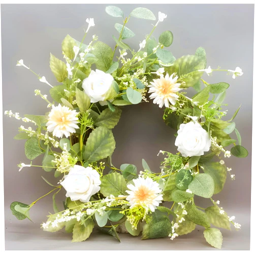 Botanic Dream Spring Wreath 20in Outdoor Wreaths with Green Eucalyptus Leaves, Daisies, White Roses, Light Green Wreath for Indoor & Outdoor Festival Decoration