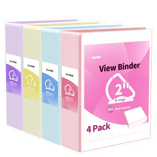 SUNEE 3 Ring Binder 2 Inch, Clear View Binder Three Ring PVC-Free (Fit 8.5x11 Inches) for School Binder or Office Binder Supplies, Assorted Pastel Binder, 4 Pack