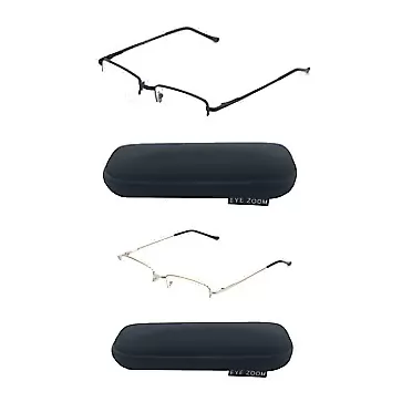 EYE ZOOM 2 Pack Rectangular Metal Half Rimless Reading Glasses with Case for Men Women Black and Silver 2.5 x