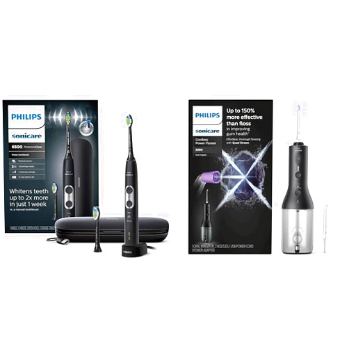 Philips Sonicare ProtectiveClean 6500 Rechargeable Electric Power Toothbrush with Charging Travel Case and Extra Brush Head, Black, HX6462/08 & Cordless Power Flosser 3000 - Black