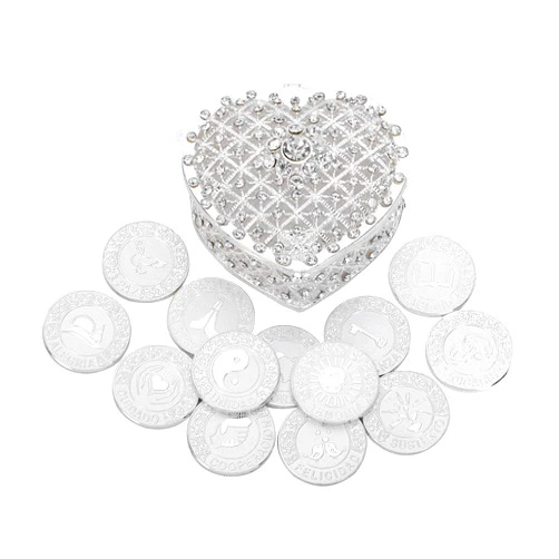 TINGKU Arras de Boda Spanish Wedding Arras Coins in Pearl and Crystal Heart Jewelry Box Unity Coins Set Wedding Ceremony Souvenirs Silver