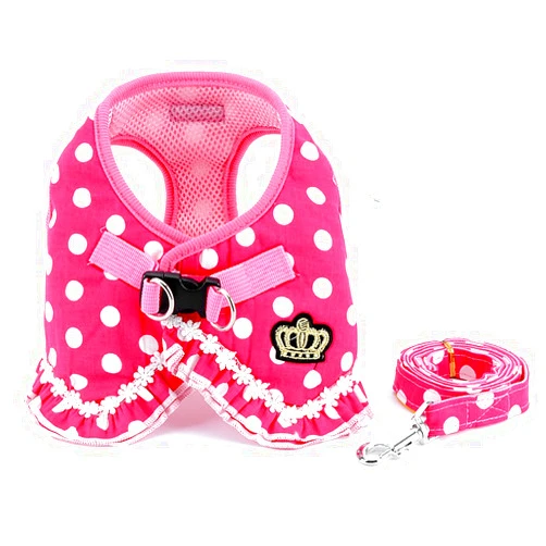 SMALLLEE_LUCKY_STORE No Pull Polka Dot Small Dog Puppy Cat Harness with Crown, Soft Mesh Padded Vest Harness and Leash Set for Girls,Pink M