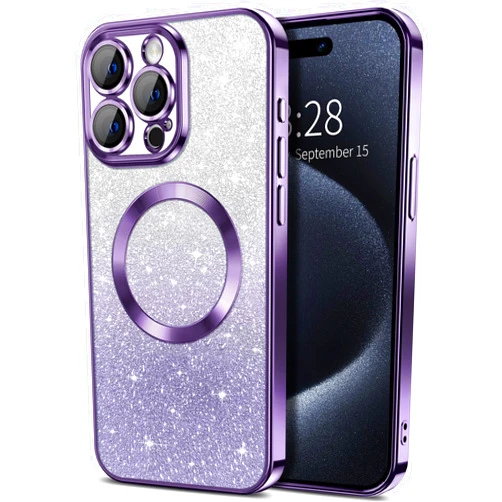 Hython for iPhone 15 Pro Case Clear Magnetic Glitter Phone Cases [Compatible with MagSafe] Full Camera Lens Protector Slim Gradient Sparkle Luxury Plating Shockproof Protective Cover Women, Purple