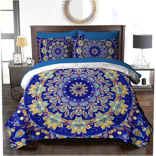 BlessLiving Bohemian Comforter Set, 8 Pieces Mandala Bed in a Bag Blue Gold Bed Set with Comforter and Sheets, Boho Chic Floral Printed, All Season Down Alternative Bedding Comforter Sets, Queen Size