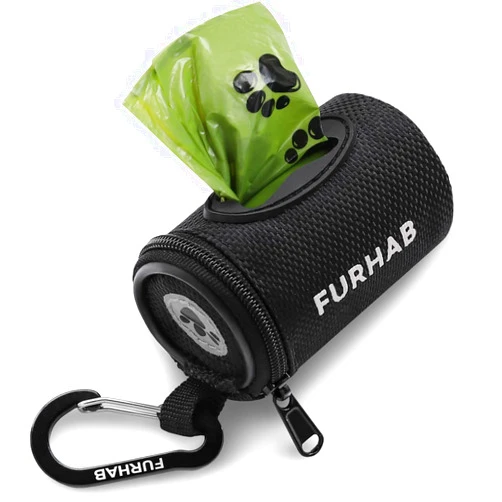 FURHAB Dog Poop Bag Holder for Leash Doggie Waste Bag Dispenser Soft Fabric Puppy Potty Carrier Small Doggy Zipper Pouch with Carabiner Clip with 1 Roll of Pet Trash Bags, Black