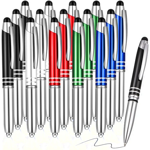 Zonon 15 Pieces LED Ballpoint Pen with Stylus Tip, Multi-Function Capacitive Pen with LED Flashlight, 1.0 mm Black Ink Metal Ballpoint for Touch Screens, 3 in 1 Stylus(Delicate Colors)