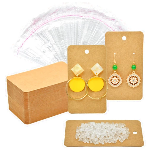 Twavang Earring Card Holder Set, 100Pcs Kraft Paper Earring Display Cards, 100 Pairs Clear Earring Backs with 100Pcs Self Adhesive Bags for Earrings Jewelry Display (Brown, 3.5