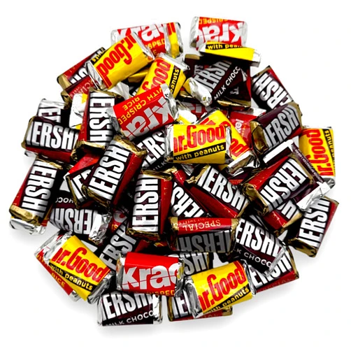 KLUB BULK Hershey's Miniature Chocolate Bars Assortment -1.5 lbs Mini Hershey's Bars Individually Wrapped- HersDark Chocolate, Milk Chocolate, Krackel with Crisped Rice, Mr. Goodbars With Peanuts for Party Favors, Office Snacks, or Gift Baskets - Perfect Variety of Classic Flavors in Mini Size(24 oz)