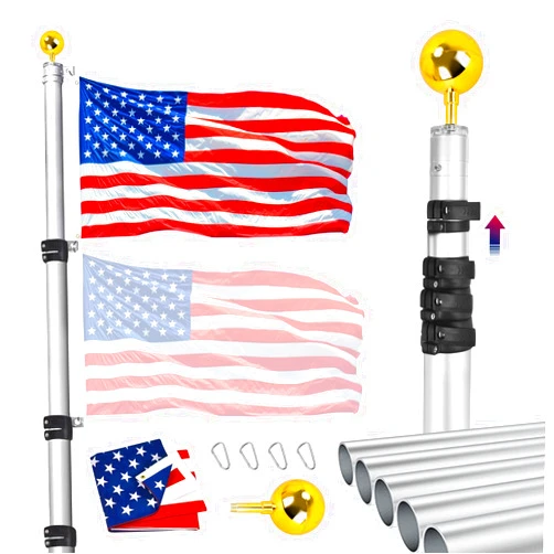 iElyiEsy Telescopic Flag Pole Kit 20Ft Height Adjustable Heavy Duty Aluminum Flagpoles with Two 3x5 American Flags & Golden Ball Topper for Yard House Ground Residential Commercial, Silver