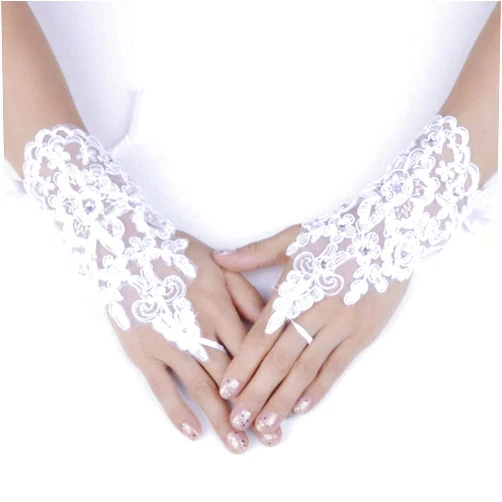 Zehory Lace Gloves Fingerless Rhinestone Gloves Bride Hand Glove Adjustable for Women (White)