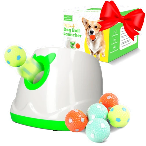 THE THOUGHTS OF FUN CO. Automatic Dog Ball Launcher Dog Fetch Machine for Small to Medium Sized Dogs,3 Launch Distances, Ball Launcher for Dogs with 6 Latex Balls, Dual Power Supply, Ball Thrower for Dogs