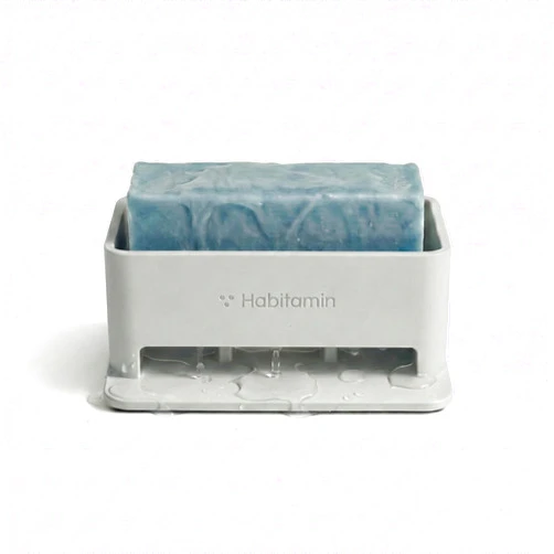 Habitamin Self-Draining Soap Dish – Fast Drying Soap Holder with 3 Suction Cups, Prevents Soap Melt & Water Buildup for Shower, Bathroom & Kitchen (Light Gray)