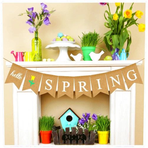 HLARTNET Hello Spring Banner Burlap Decorations, Happy Spring Banner Garland with Flower for Mantle Fireplace Supplies Spring Bunting Garland Banner Decoration for Home Spring Themed Party Decor