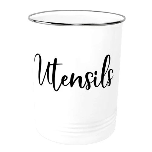 Home Acre Designs Vintage Farmhouse Utensil Holder - Stylish Countertop Organizer and Kitchen Decor Caddy - Stainless Steel Rim - White