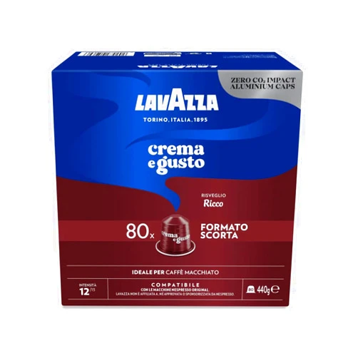 Caffe Assaggio Lavazza Crema e Gusto Ricco, Compatible w Nespresso Original 80 Aluminum Capsules Compatible, Notes of Chocolate, Wood and Spices, Arabica and Robusta, Intensity 12, Dark Roast