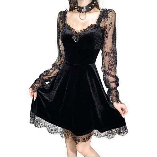 Kisswow Lace Long Sleeve Gothic Dresses for Women Vintage Dress Gothic Dress