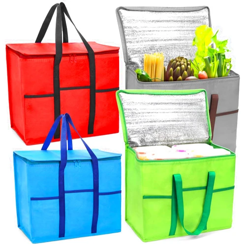 Foraineam 4 Pack Insulated Reusable Grocery Shopping Bags, Foldable Cooler Bag Food Delivery Bags with Hard Bottom Insert and Zippered Top, Stands Upright, Cooler Totes for Hot or Cold Food Transport
