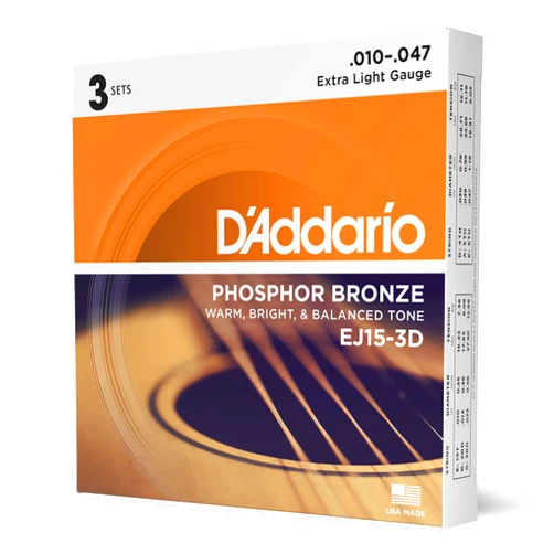 D'Addario Guitar Strings - Phosphor Bronze Acoustic Guitar Strings - EJ15-3D - Rich, Full Tonal Spectrum - For 6 String Guitars - 10-47 Extra Light, 3-Pack