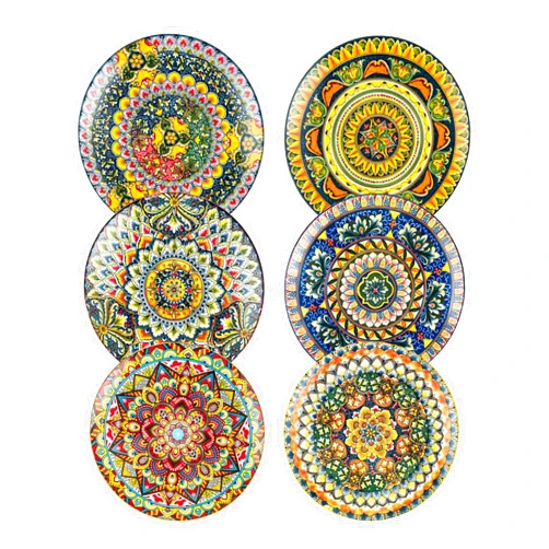 Henten Home Ceramic Dinner Plates Set of 6, 10.5 Inch Porcelain Pasta, Salad, Steak Plates Set, Colorful Pattern Plates for Kitchen, Bohemia Style Hand Painted Serving Dishes