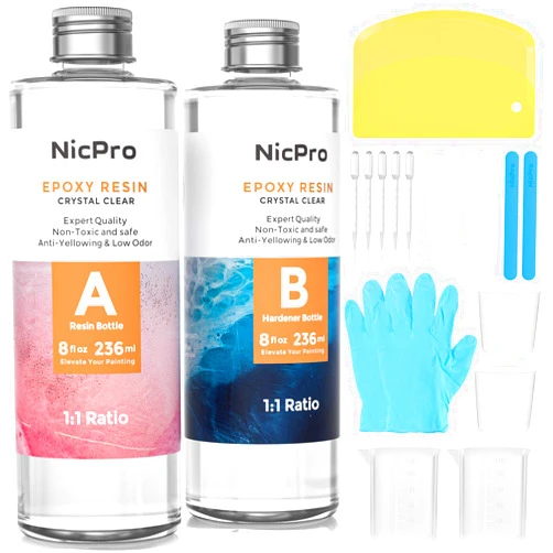 Nicpro 16 Ounce Crystal Clear Epoxy Resin Kit, DIY Starter Epoxy Resin Supplies with 4 Measuring Cups, 2 Silicone Sticks, Gloves, Spreader for Art Craft Casting & Coasting, Molds, Jewelry Making